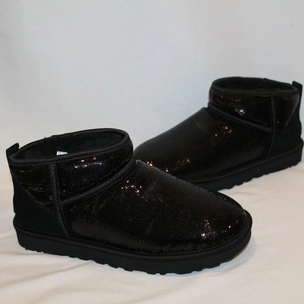 NIB UGG WOMEN'S ULTRA MINI‎ SEQUIN METALLIC BLACK BOOTS